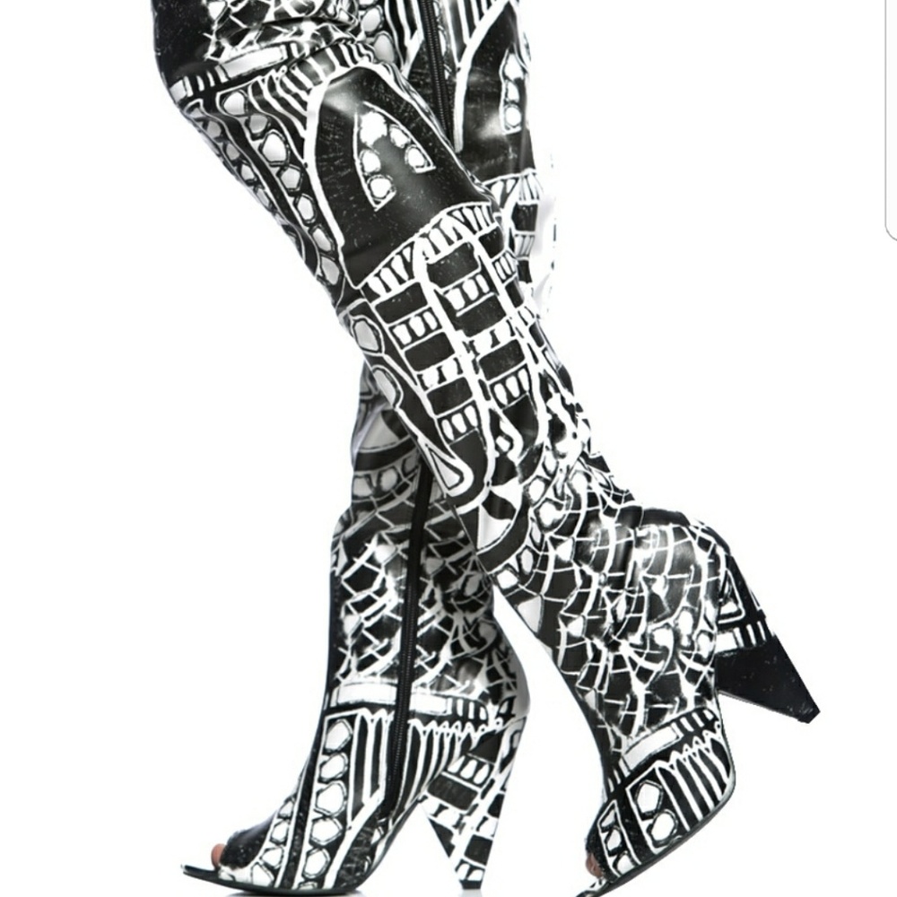 Womens thigh high black and white geometric boots